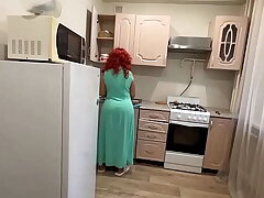 Mom with a big ass satisfied her son with her anal on touching the scullery